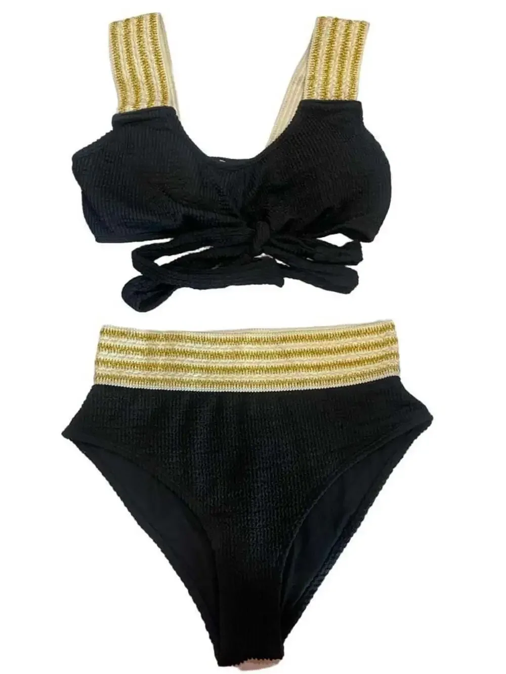 NEW Cupshe Metallic Striped Wrap Bralette and High Waist Bikini Set size medium